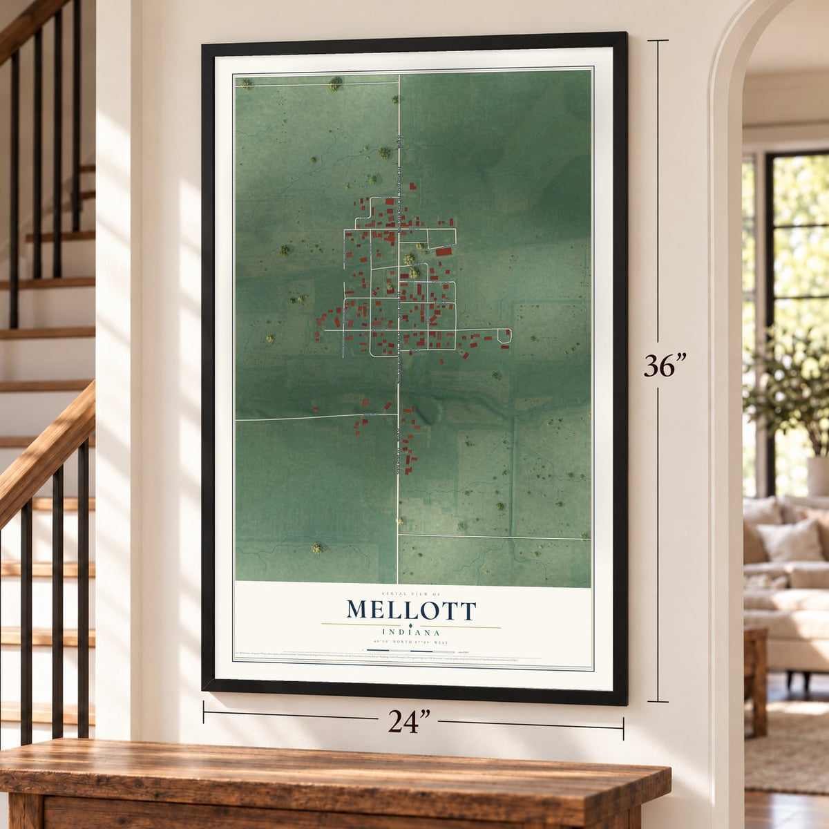Mellott, Indiana map, 24 x 36 inch print in a black frame by a staircase