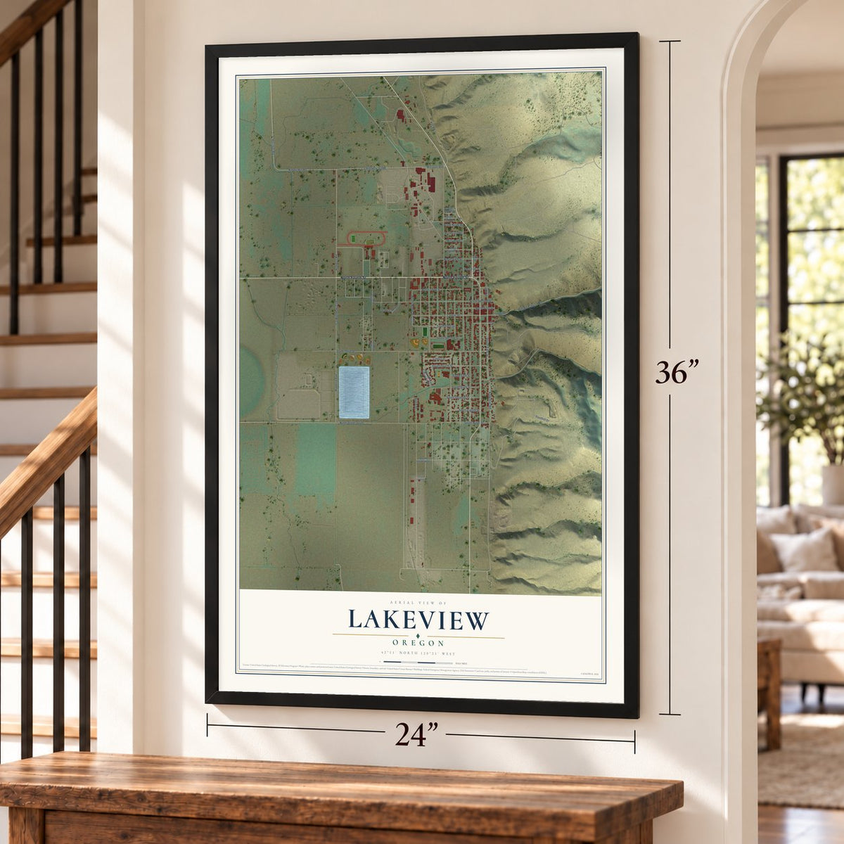 Lakeview, Oregon map, 24 x 36 inch print in a black frame by a staircase