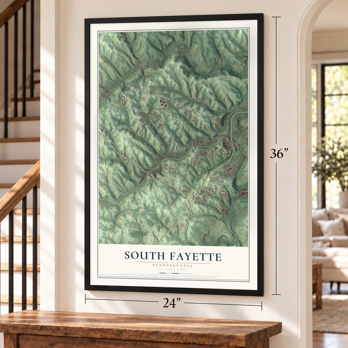 South Fayette, Pennsylvania map, 24 x 36 inch print in a black frame by a staircase