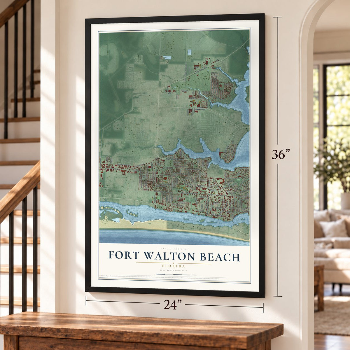 Fort Walton Beach, Florida map, 24 x 36 inch print in a black frame by a staircase