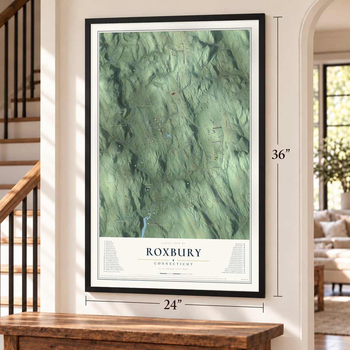 Roxbury, Connecticut map, 24 x 36 inch print in a black frame by a staircase