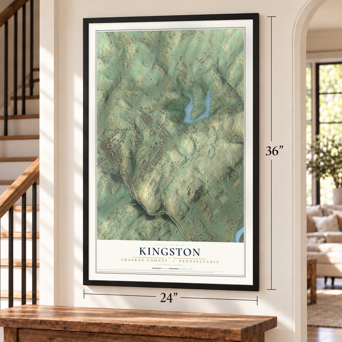 Kingston, Luzerne County, Pennsylvania map, 24 x 36 inch print in a black frame by a staircase