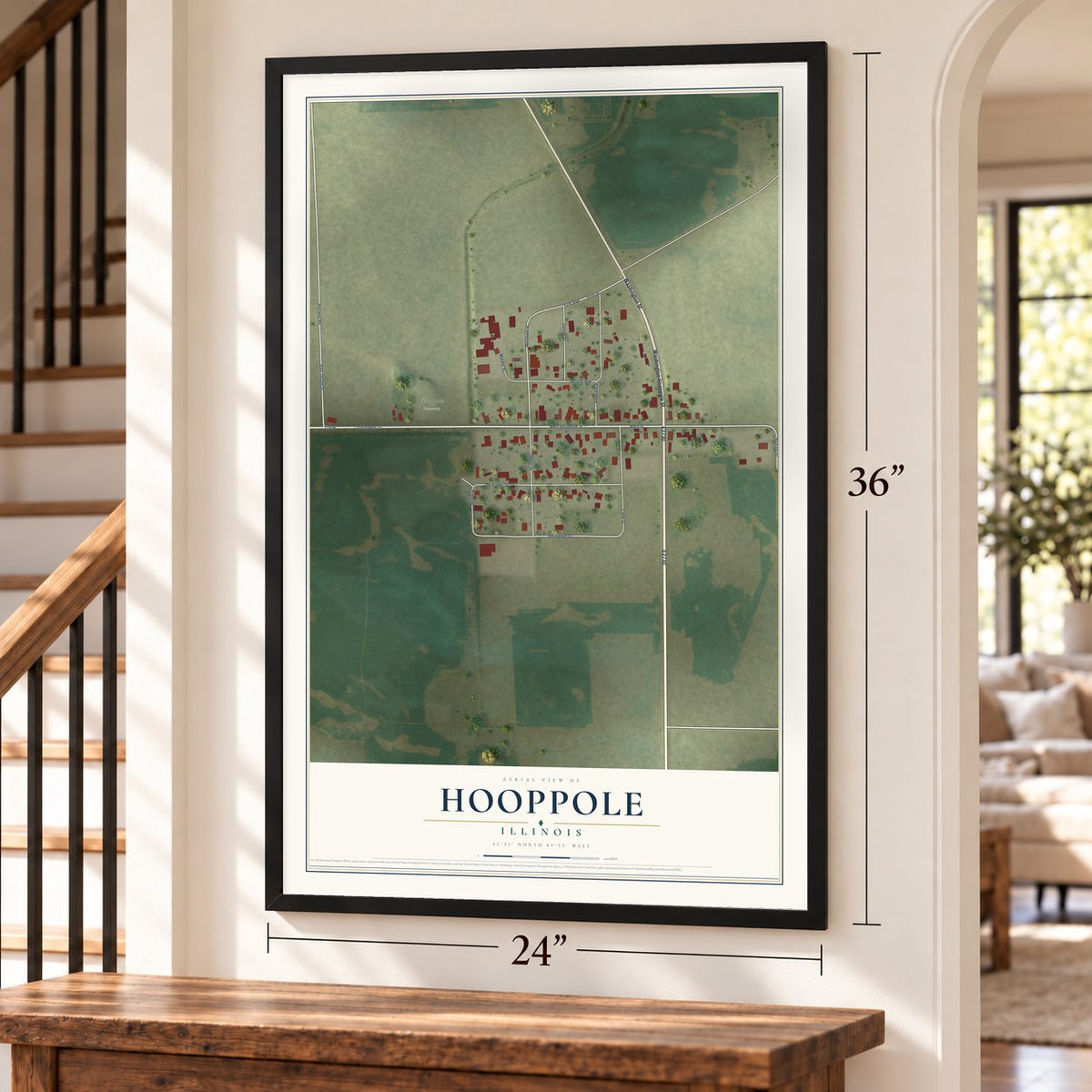 Hooppole, Illinois map, 24 x 36 inch print in a black frame by a staircase