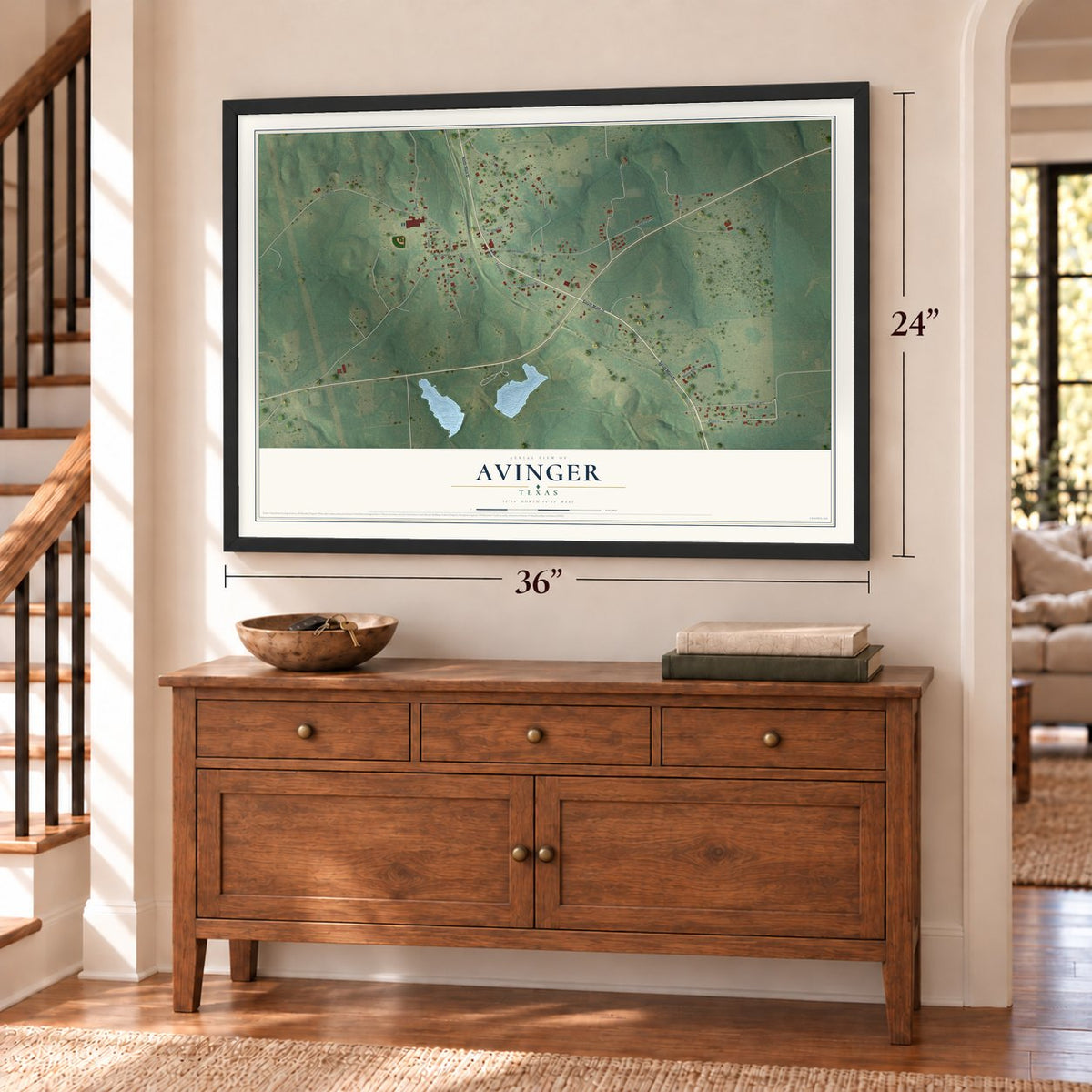 Avinger, Texas map, 24 x 36 inch print in a black frame above a dresser by a staircase
