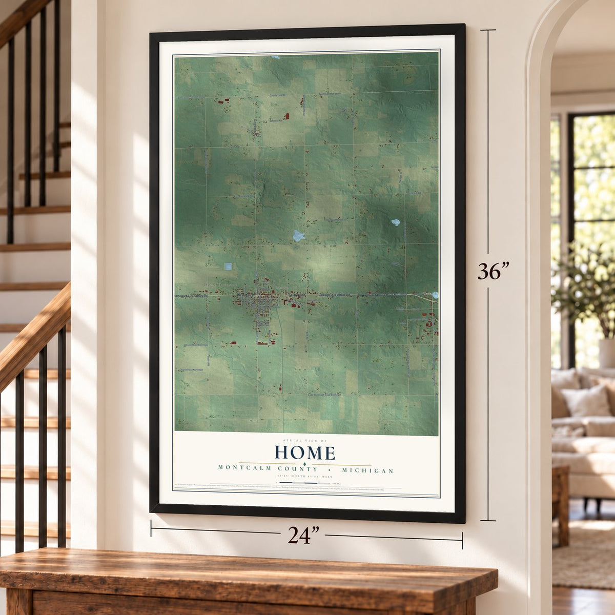 Home, Montcalm County, Michigan map, 24 x 36 inch print in a black frame by a staircase