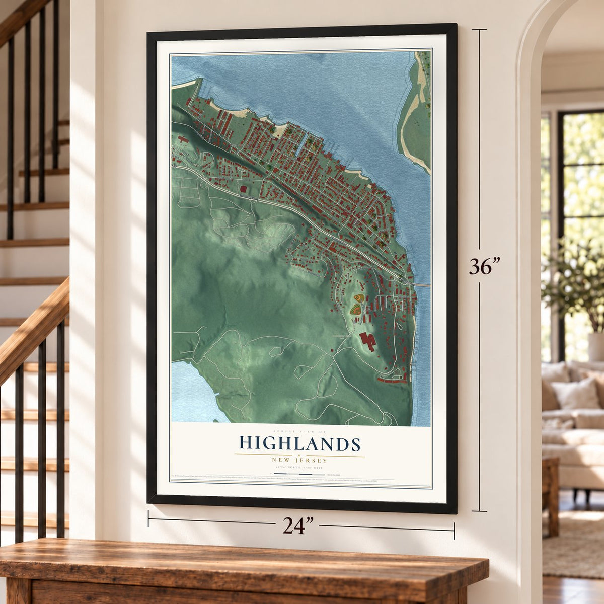 Highlands, New Jersey map, 24 x 36 inch print in a black frame by a staircase