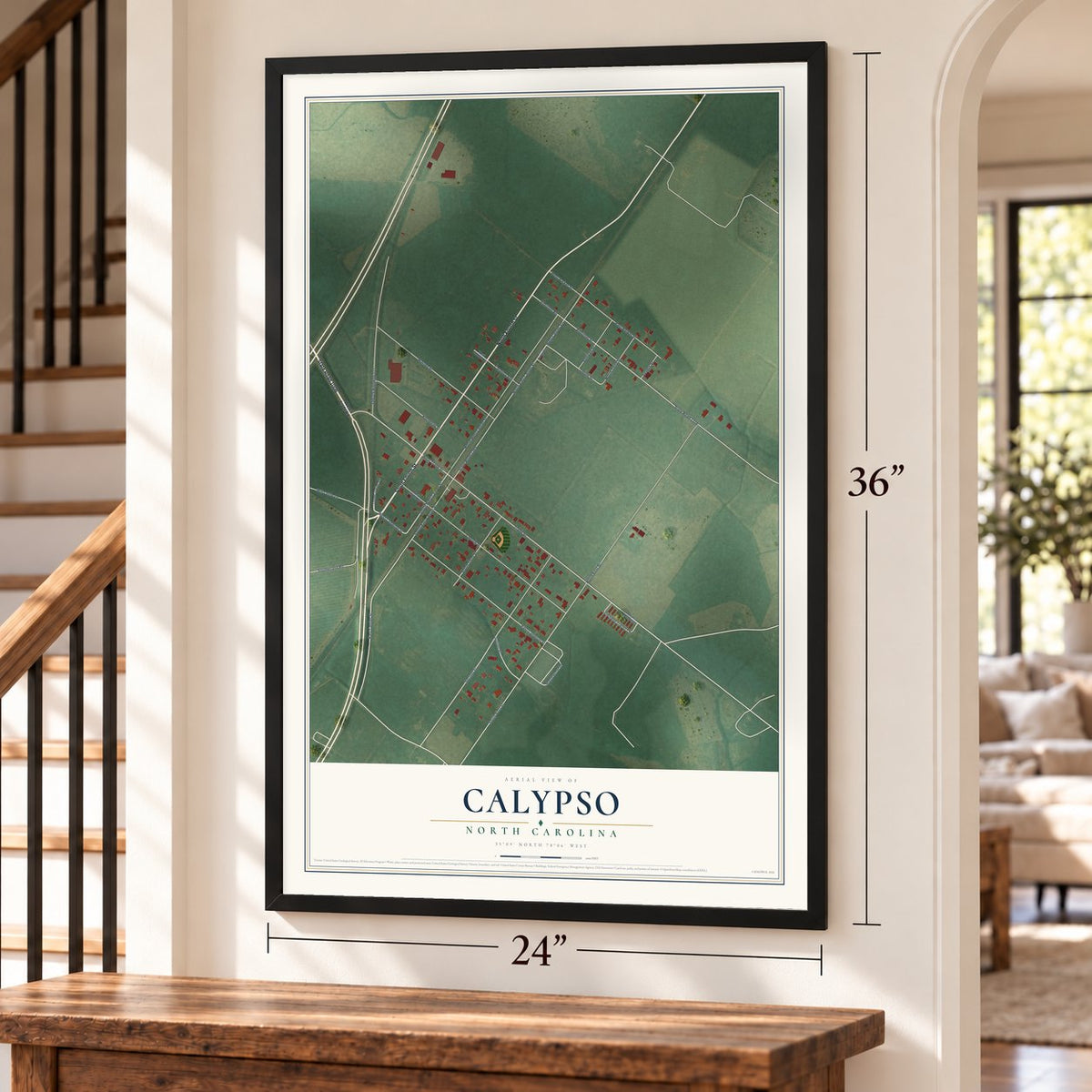 Calypso, North Carolina map, 24 x 36 inch print in a black frame by a staircase