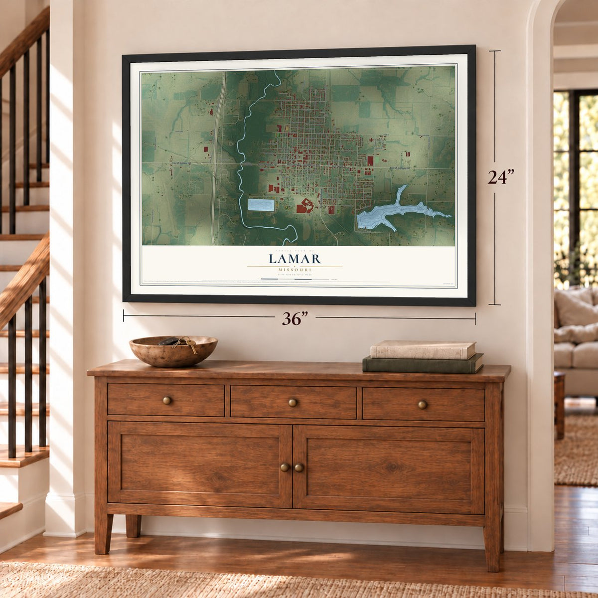 Lamar, Missouri map, 24 x 36 inch print in a black frame above a dresser by a staircase