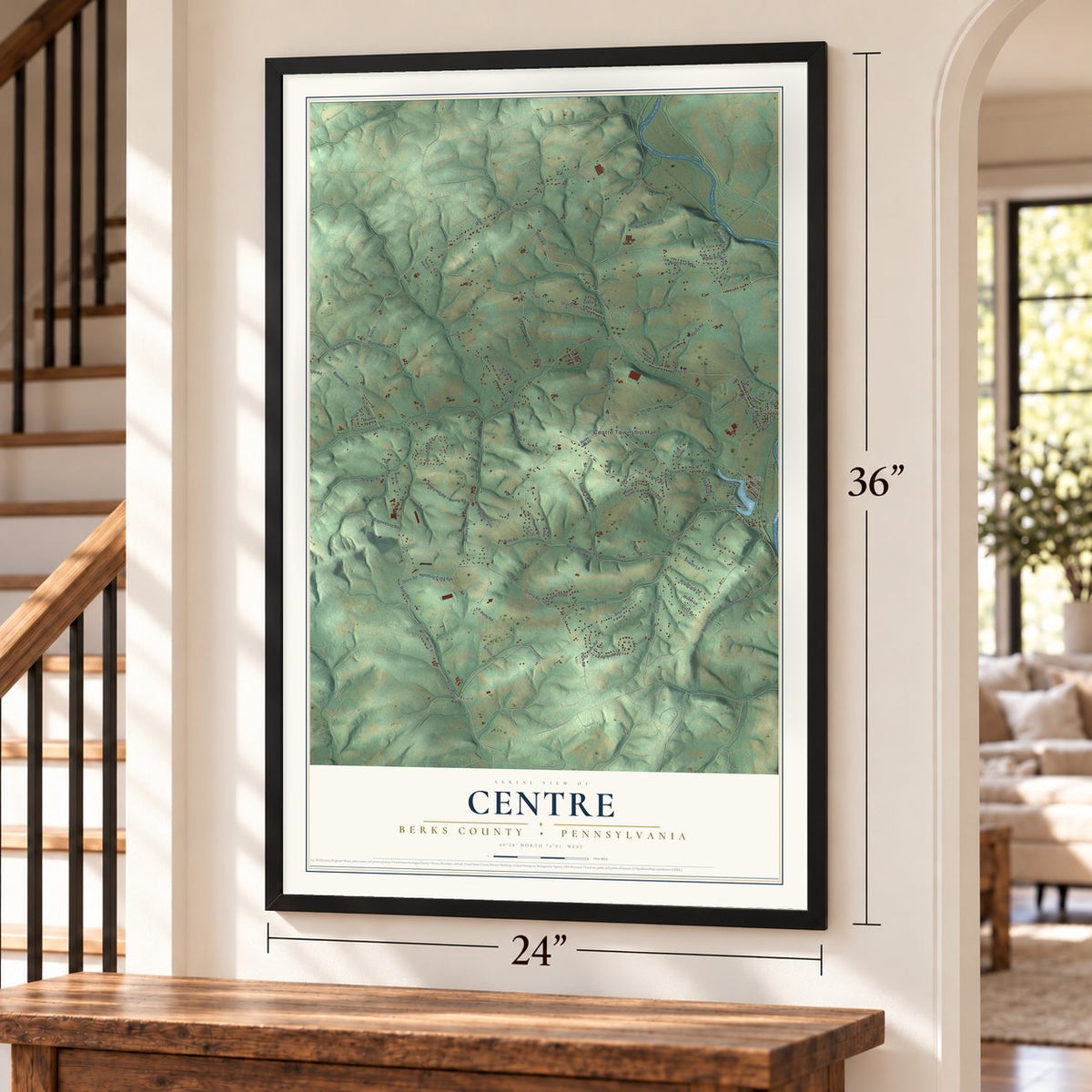 Centre, Berks County, Pennsylvania map, 24 x 36 inch print in a black frame by a staircase