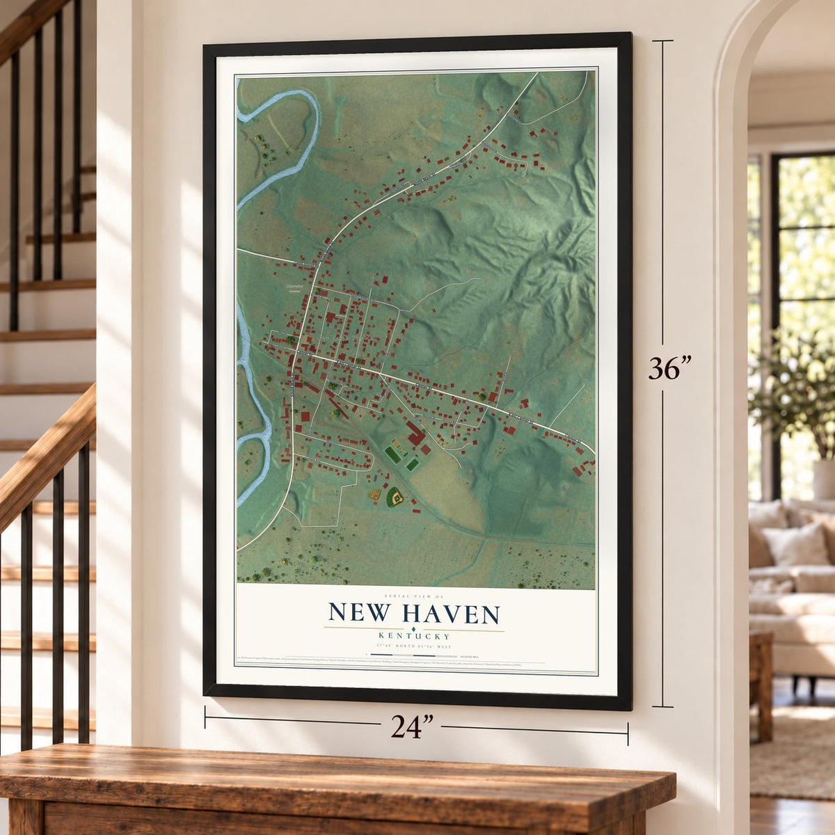 New Haven, Kentucky map, 24 x 36 inch print in a black frame by a staircase