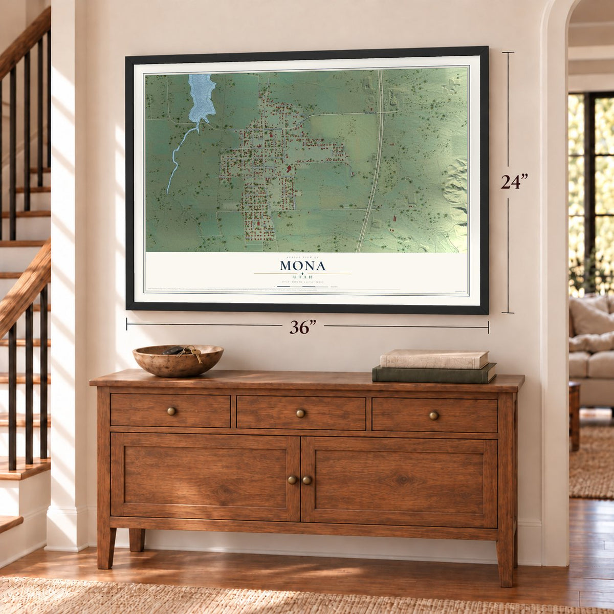 Mona, Utah map, 24 x 36 inch print in a black frame above a dresser by a staircase