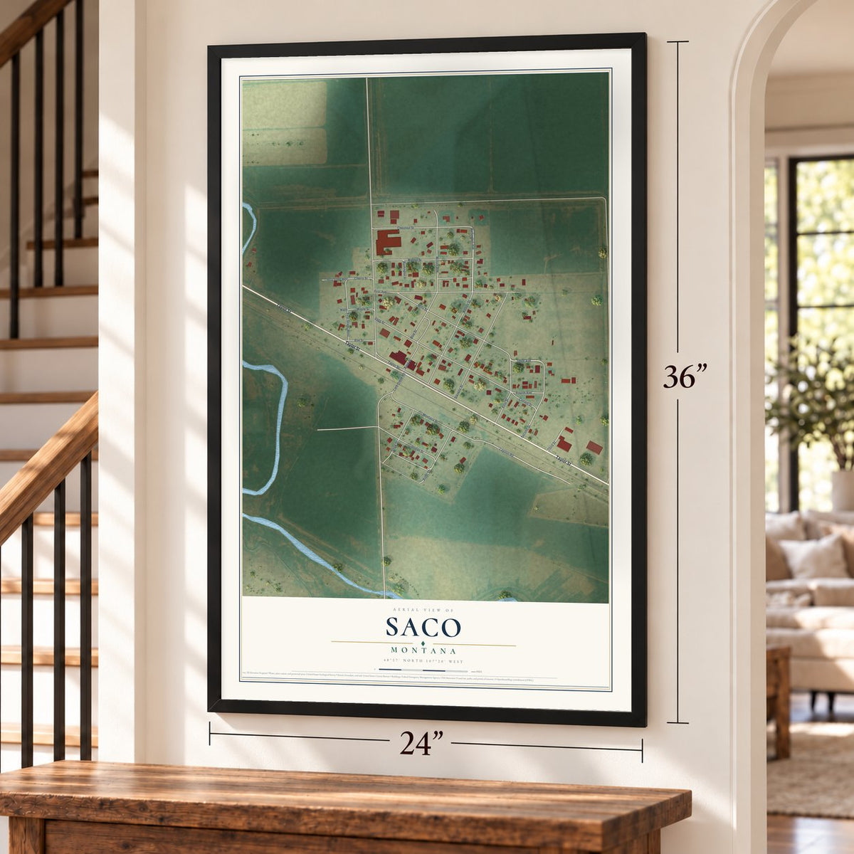 Saco, Montana map, 24 x 36 inch print in a black frame by a staircase