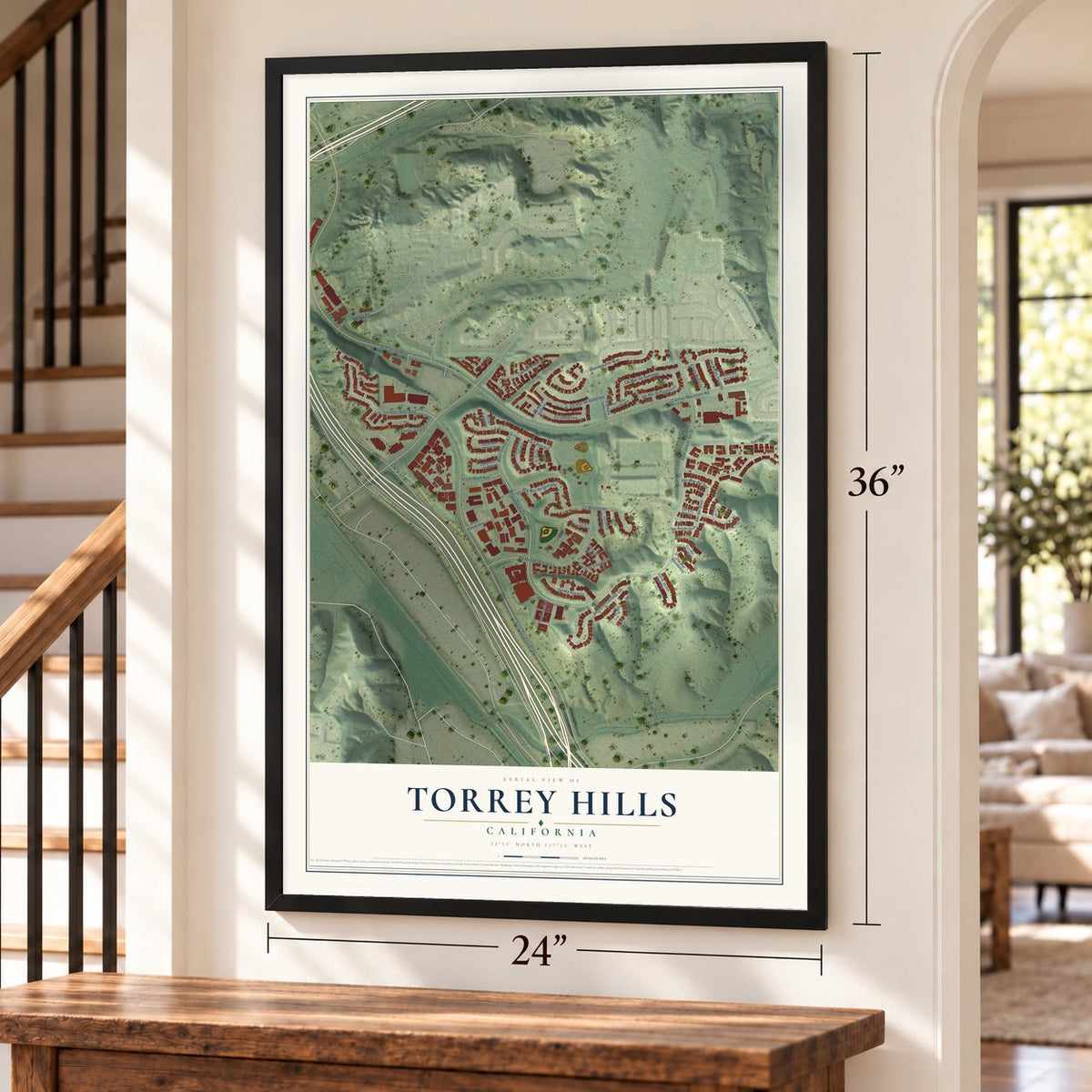 Torrey Hills, California map, 24 x 36 inch print in a black frame by a staircase