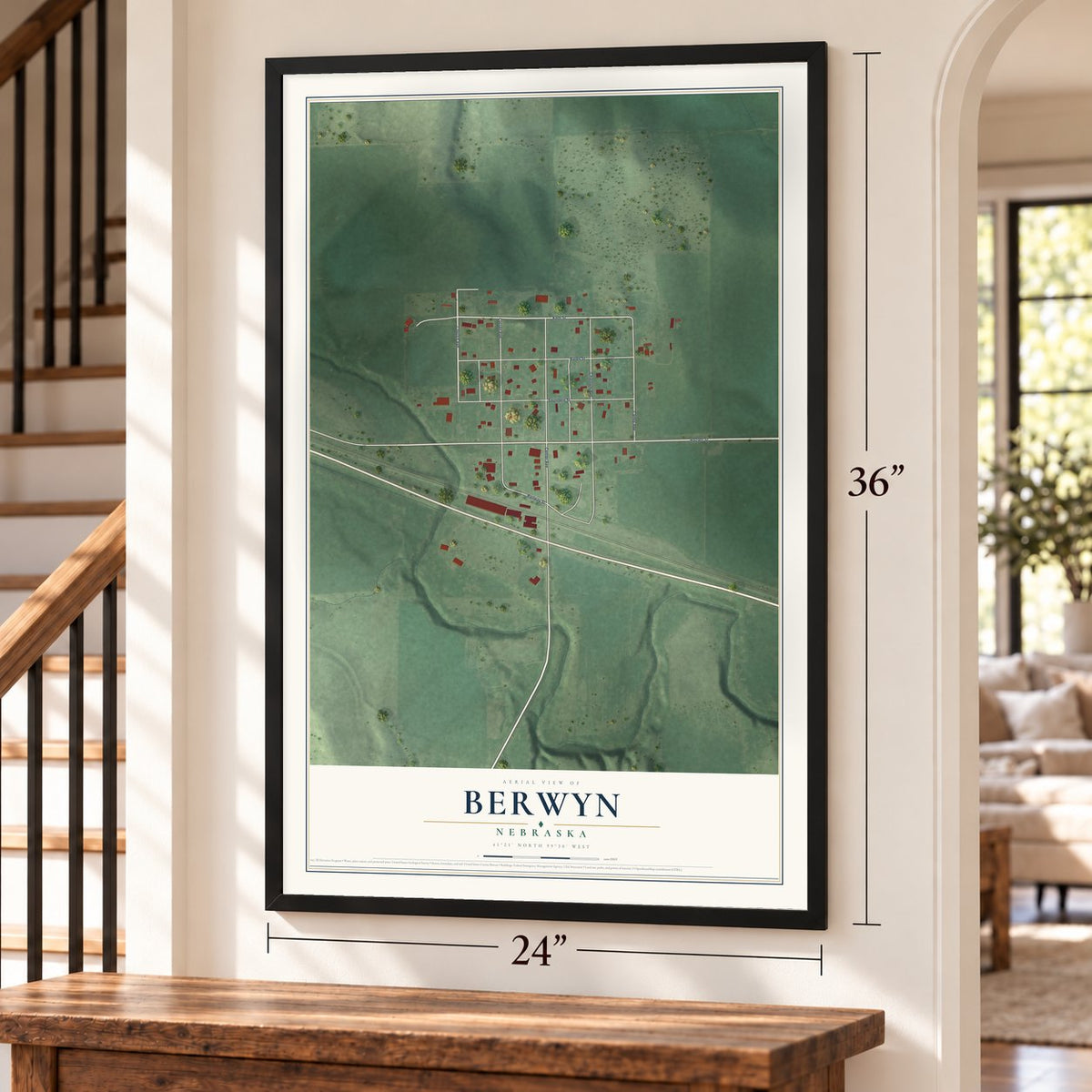 Berwyn, Nebraska map, 24 x 36 inch print in a black frame by a staircase