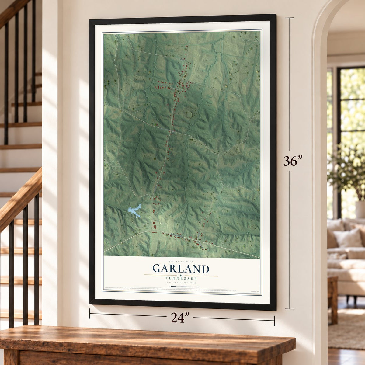 Garland, Tennessee map, 24 x 36 inch print in a black frame by a staircase