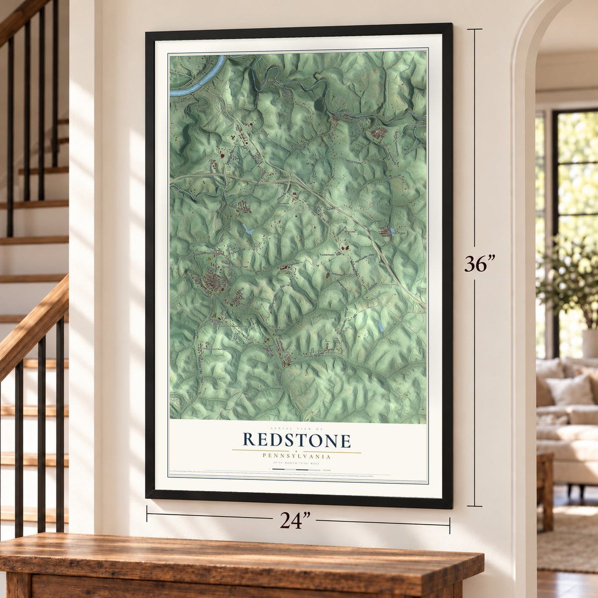 Redstone, Pennsylvania map, 24 x 36 inch print in a black frame by a staircase