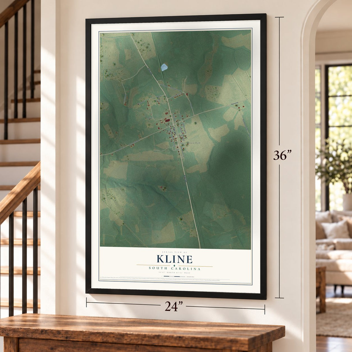 Kline, South Carolina map, 24 x 36 inch print in a black frame by a staircase