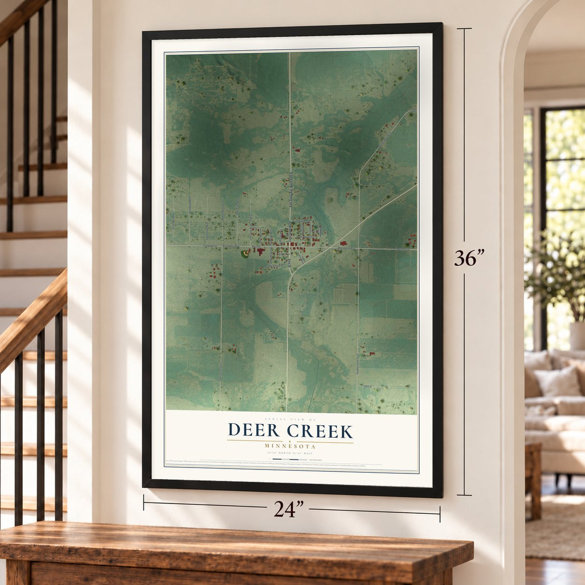 Deer Creek, Minnesota map, 24 x 36 inch print in a black frame by a staircase