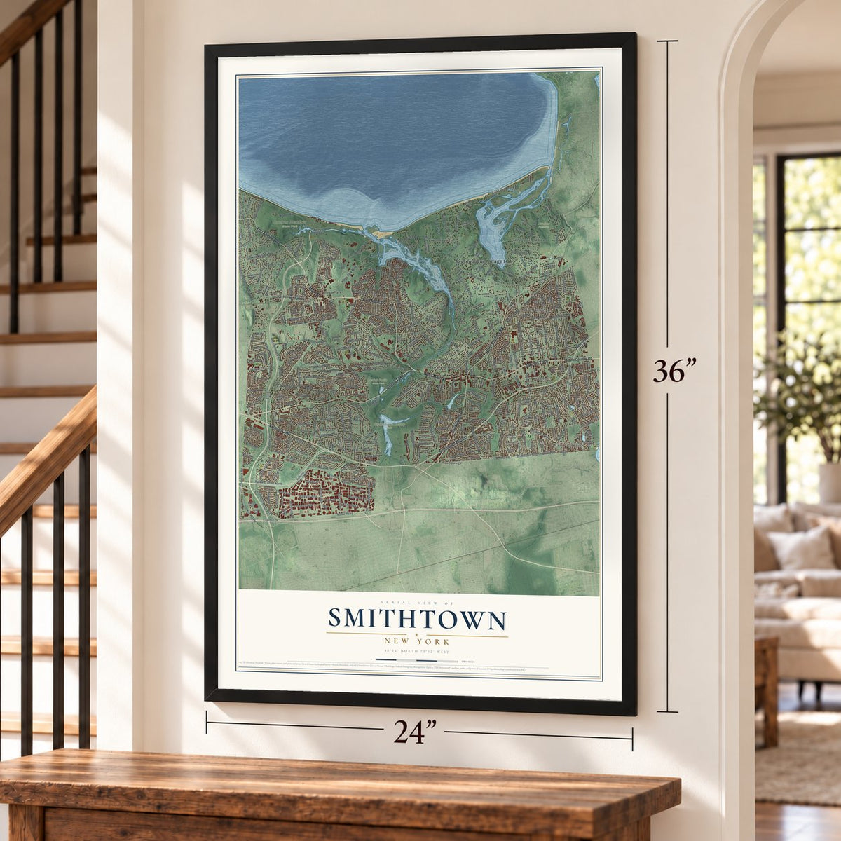 Smithtown, New York map, 24 x 36 inch print in a black frame by a staircase