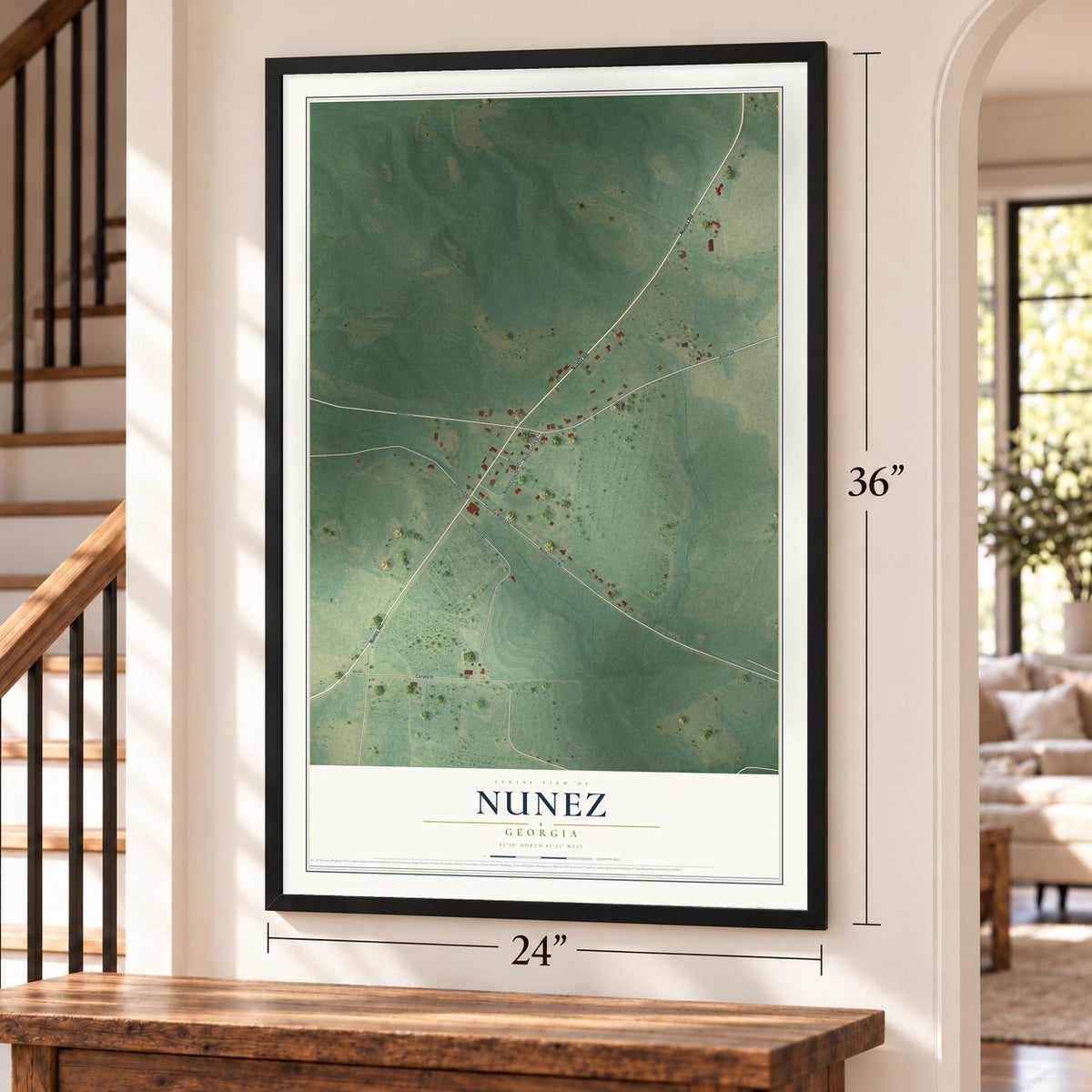 Nunez, Georgia map, 24 x 36 inch print in a black frame by a staircase