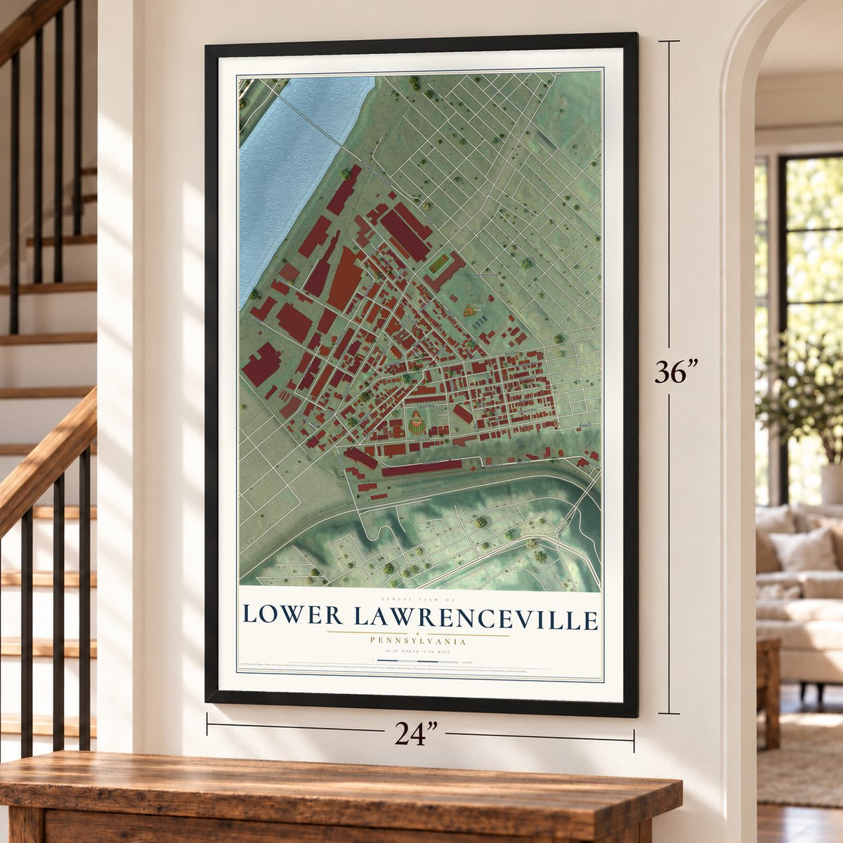 Lower Lawrenceville, Pennsylvania map, 24 x 36 inch print in a black frame by a staircase