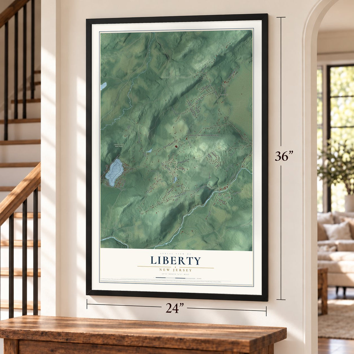 Liberty, New Jersey map, 24 x 36 inch print in a black frame by a staircase