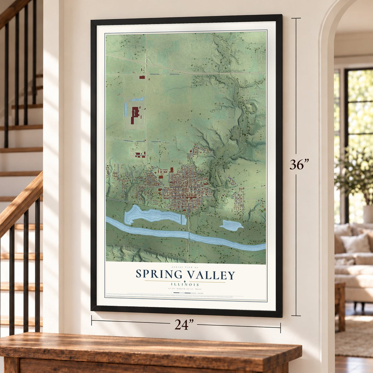 Spring Valley, Illinois map, 24 x 36 inch print in a black frame by a staircase