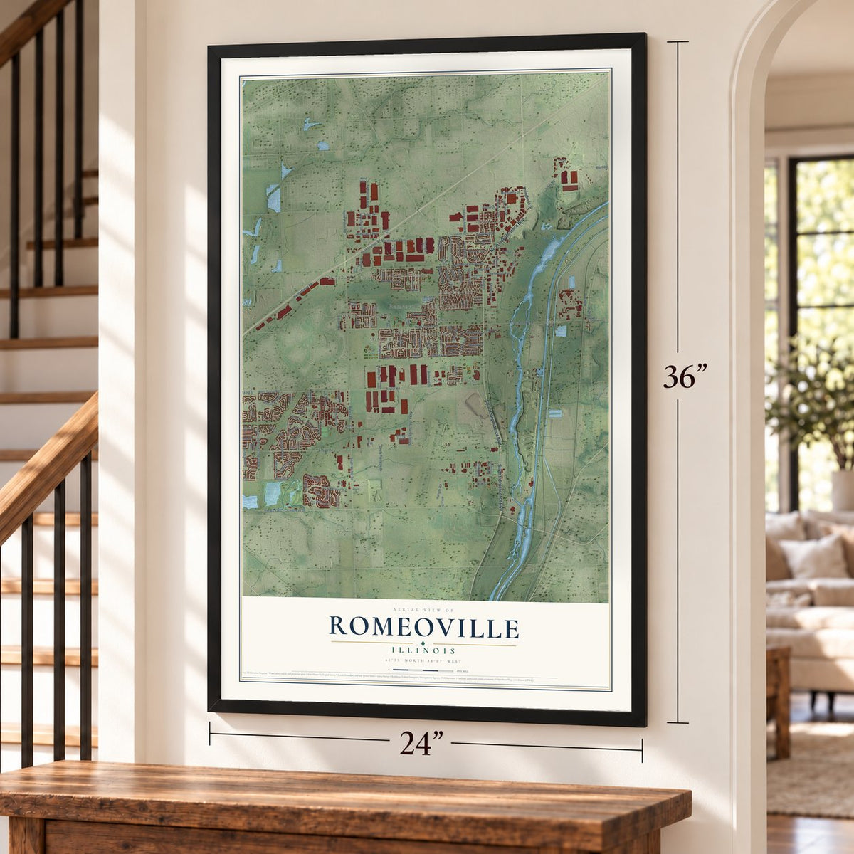 Romeoville, Illinois map, 24 x 36 inch print in a black frame by a staircase