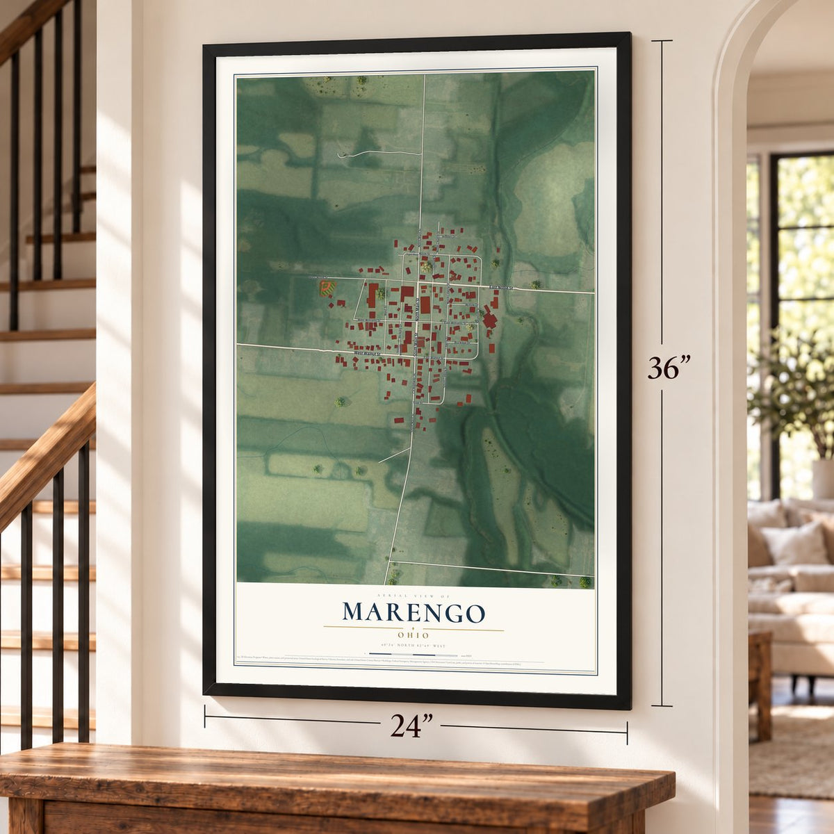 Marengo, Ohio map, 24 x 36 inch print in a black frame by a staircase