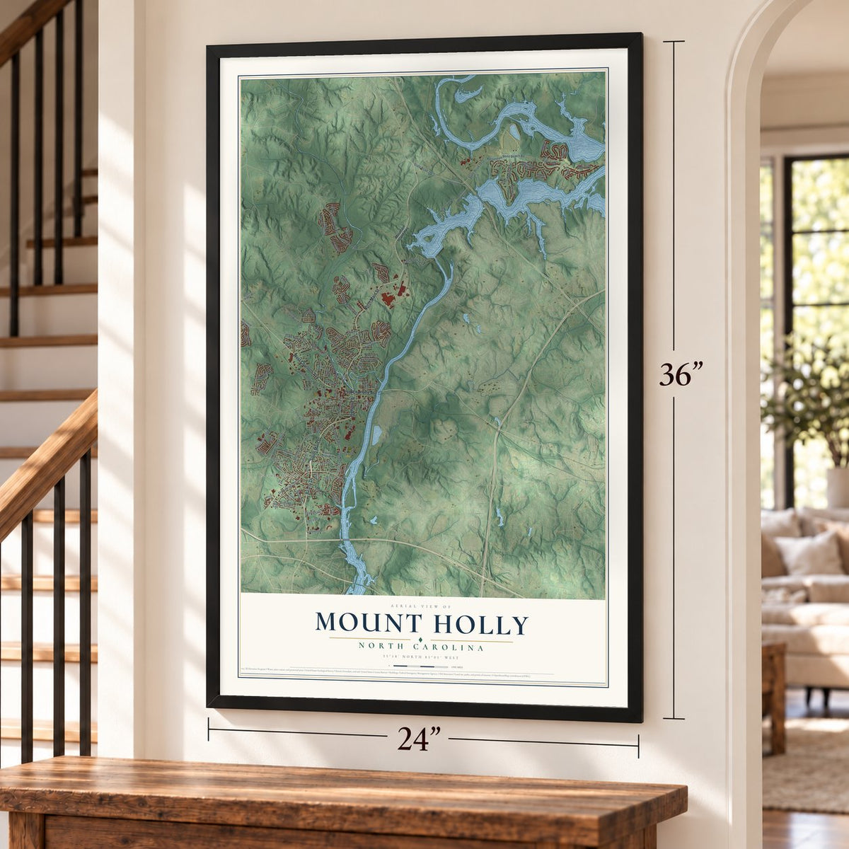 Mount Holly, North Carolina map, 24 x 36 inch print in a black frame by a staircase