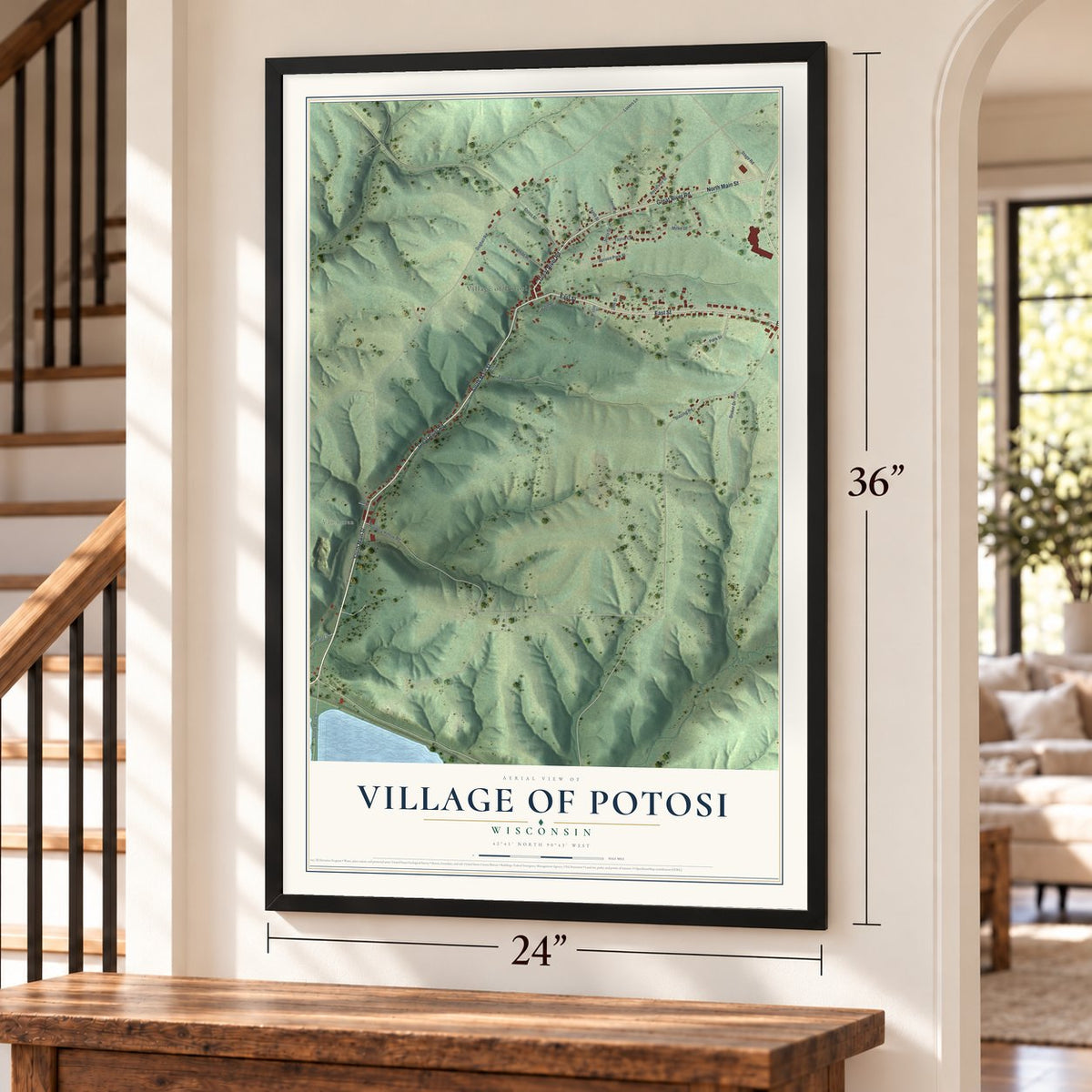 Potosi, Wisconsin map, 24 x 36 inch print in a black frame by a staircase