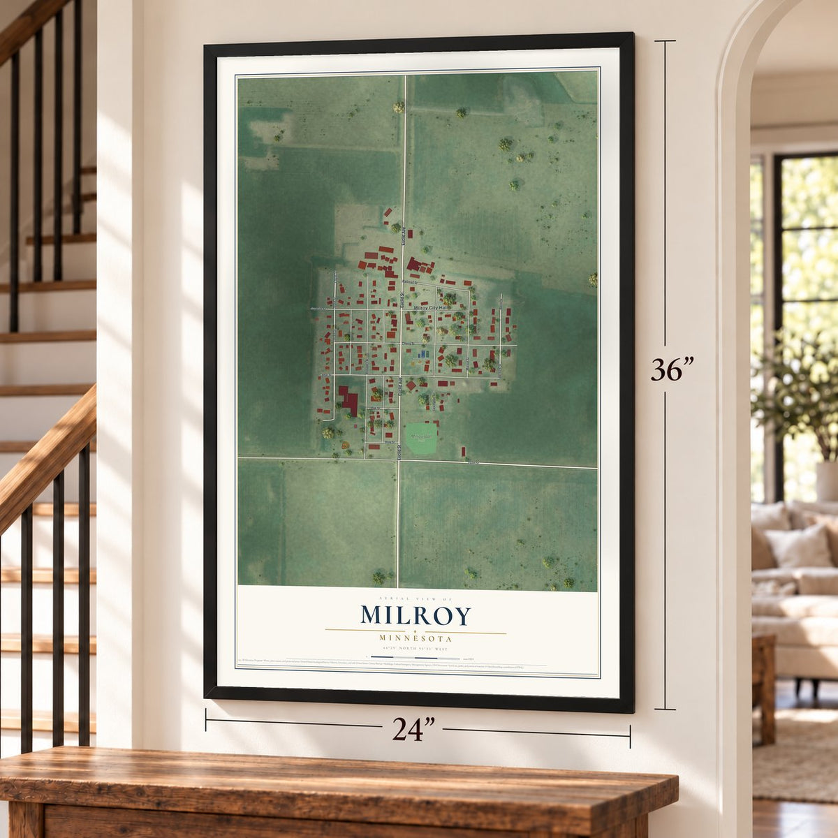 Milroy, Minnesota map, 24 x 36 inch print in a black frame by a staircase