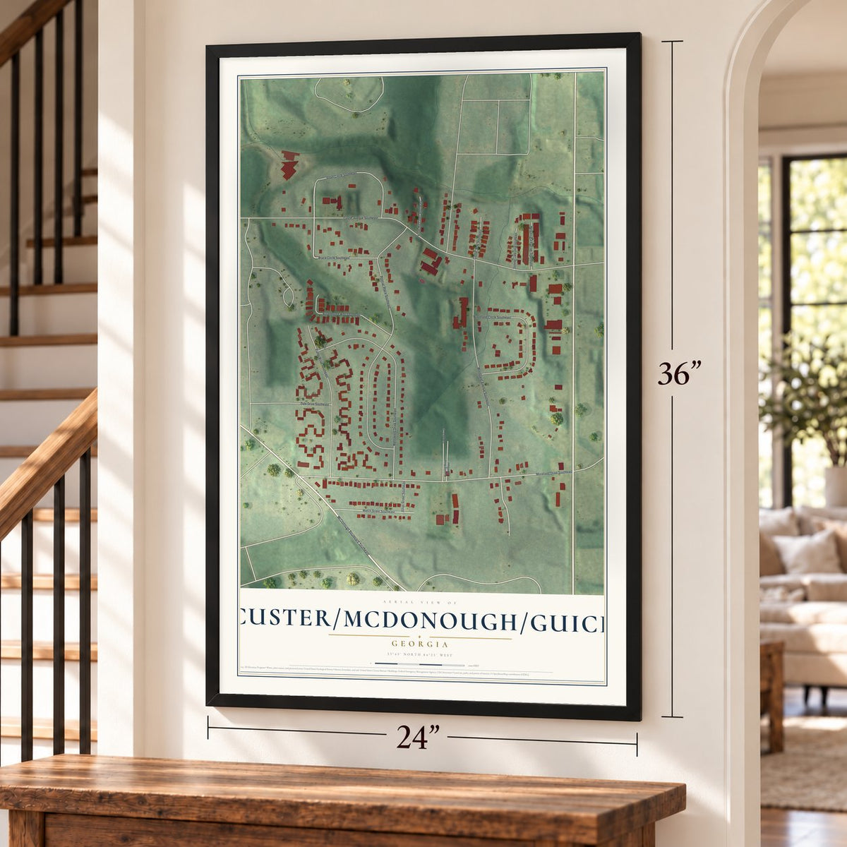 Custer-McDonough-Guice, Georgia map, 24 x 36 inch print in a black frame by a staircase