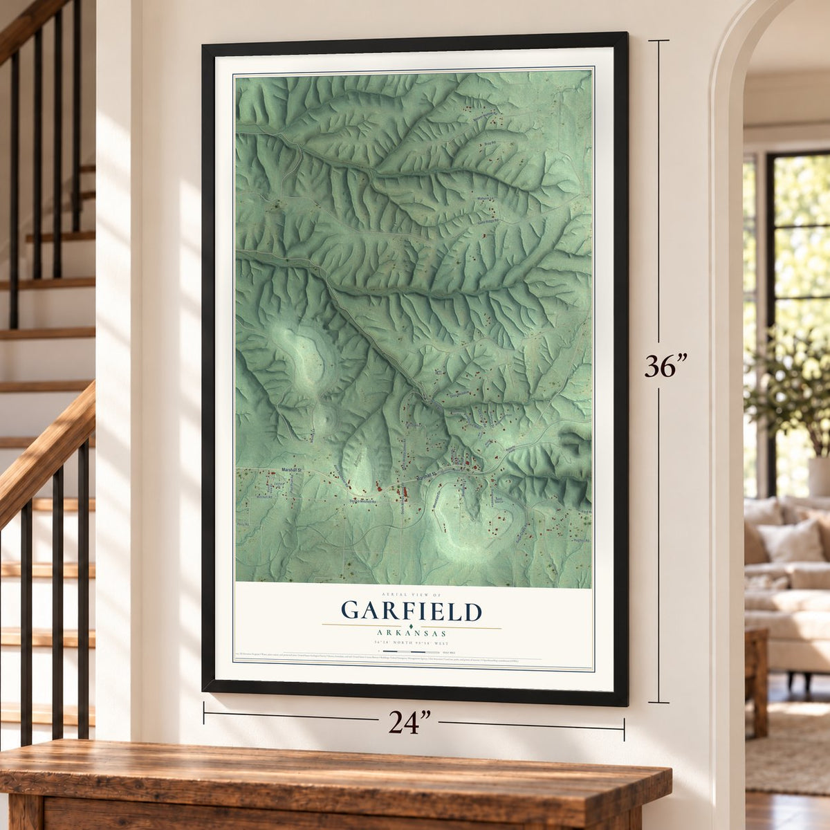 Garfield, Arkansas map, 24 x 36 inch print in a black frame by a staircase