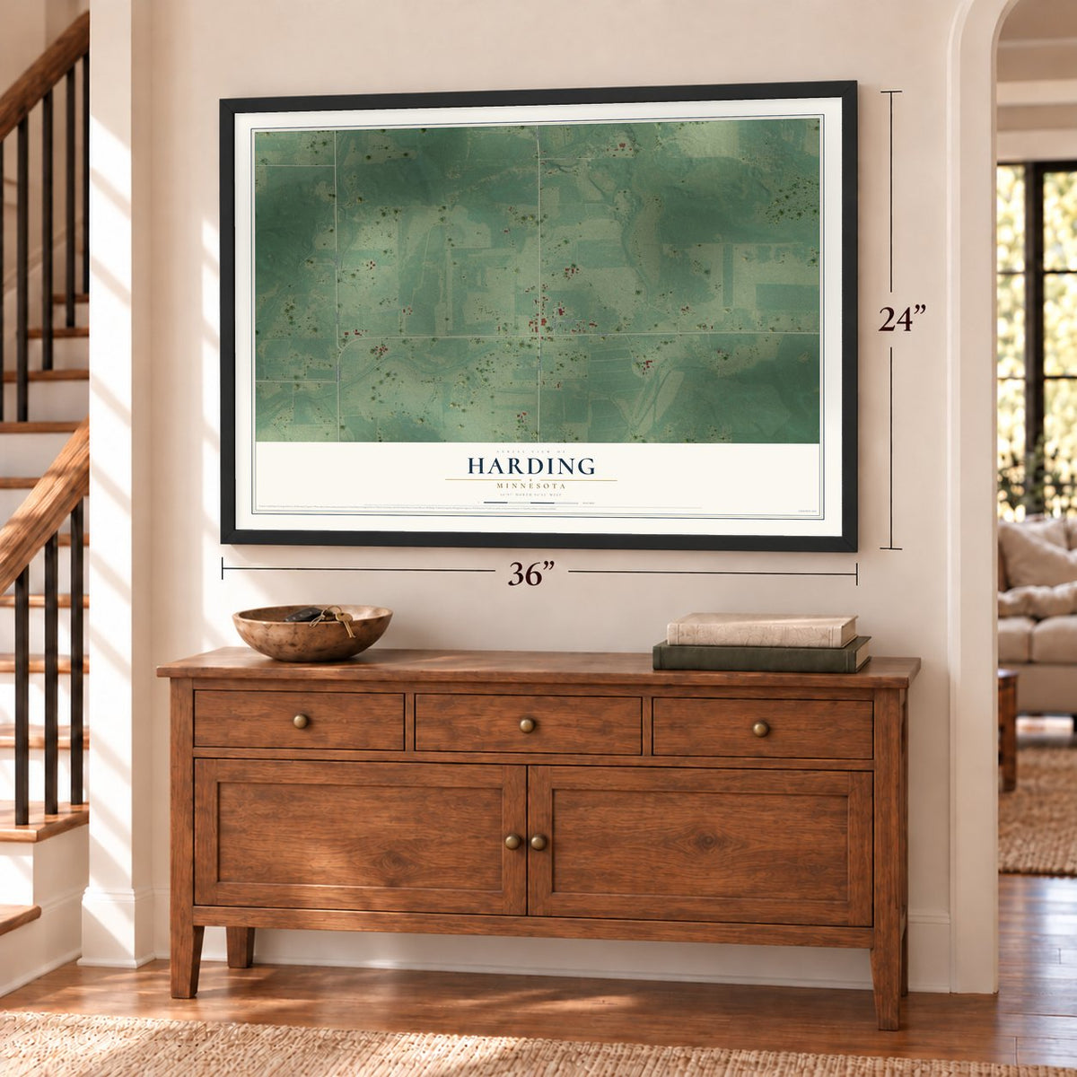 Harding, Minnesota map, 24 x 36 inch print in a black frame above a dresser by a staircase