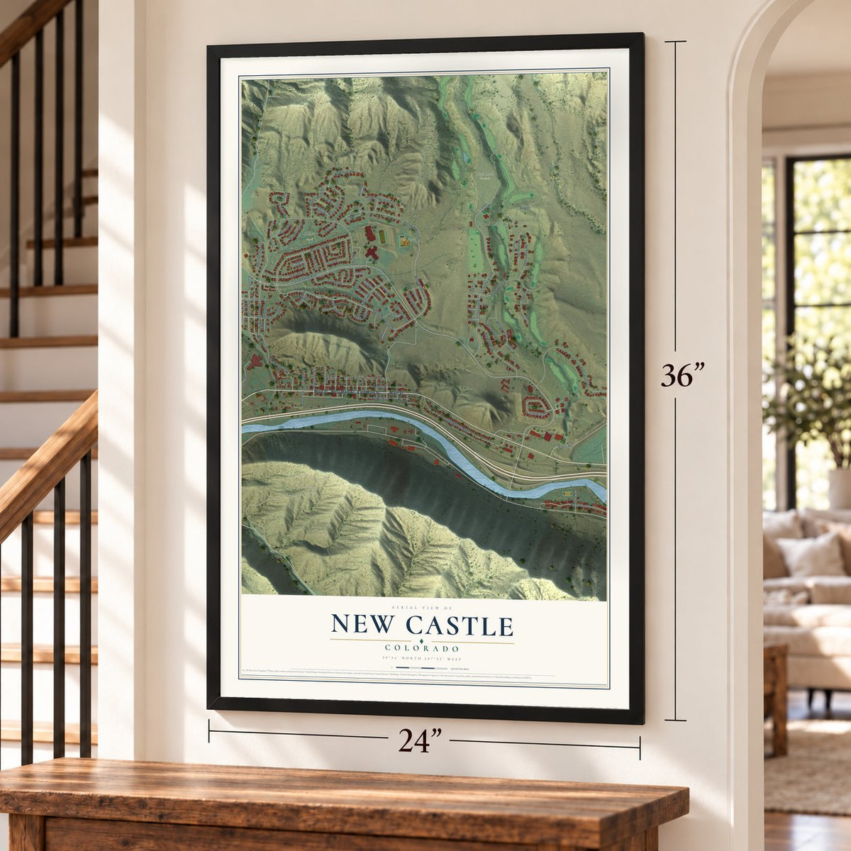New Castle, Colorado map, 24 x 36 inch print in a black frame by a staircase