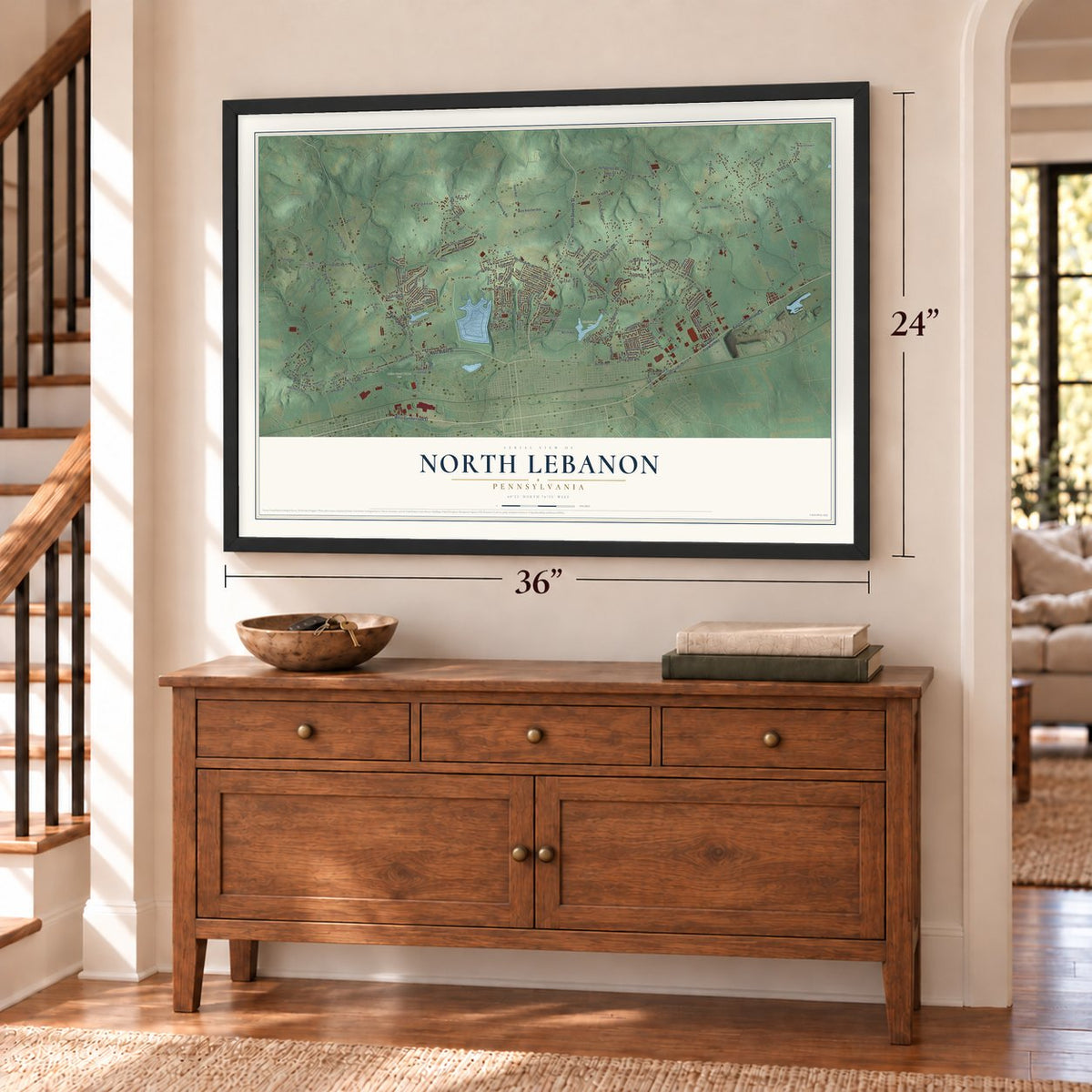North Lebanon, Pennsylvania map, 24 x 36 inch print in a black frame above a dresser by a staircase