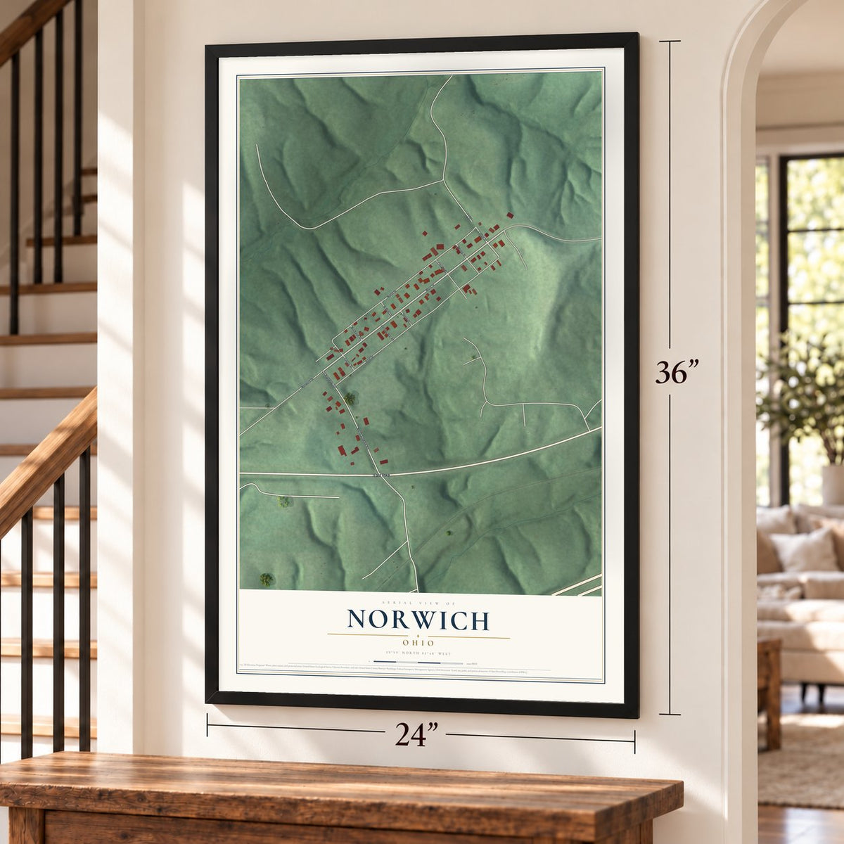 Norwich, Ohio map, 24 x 36 inch print in a black frame by a staircase