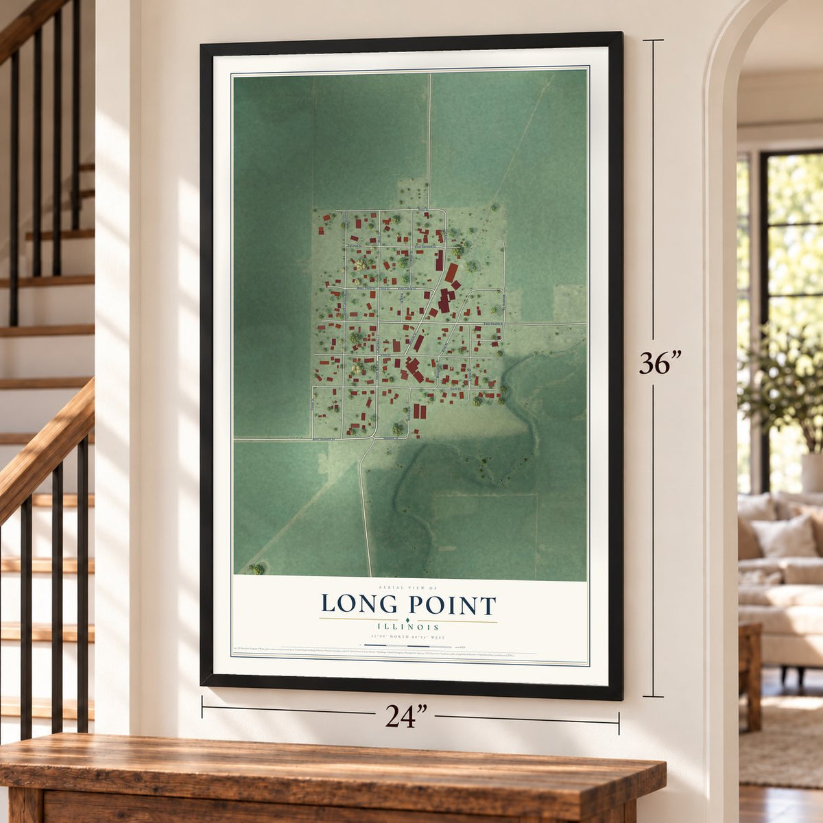 Long Point, Illinois map, 24 x 36 inch print in a black frame by a staircase