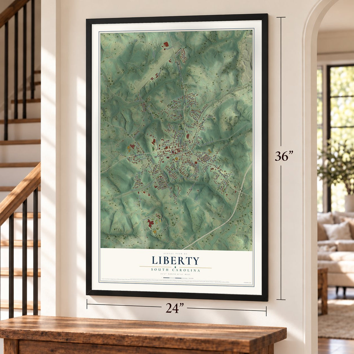 Liberty, South Carolina map, 24 x 36 inch print in a black frame by a staircase