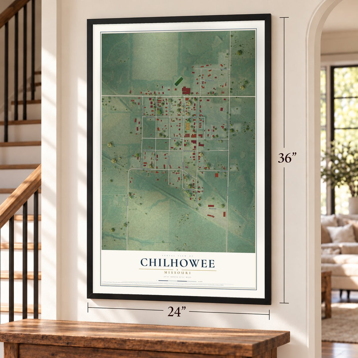 Chilhowee, Missouri map, 24 x 36 inch print in a black frame by a staircase