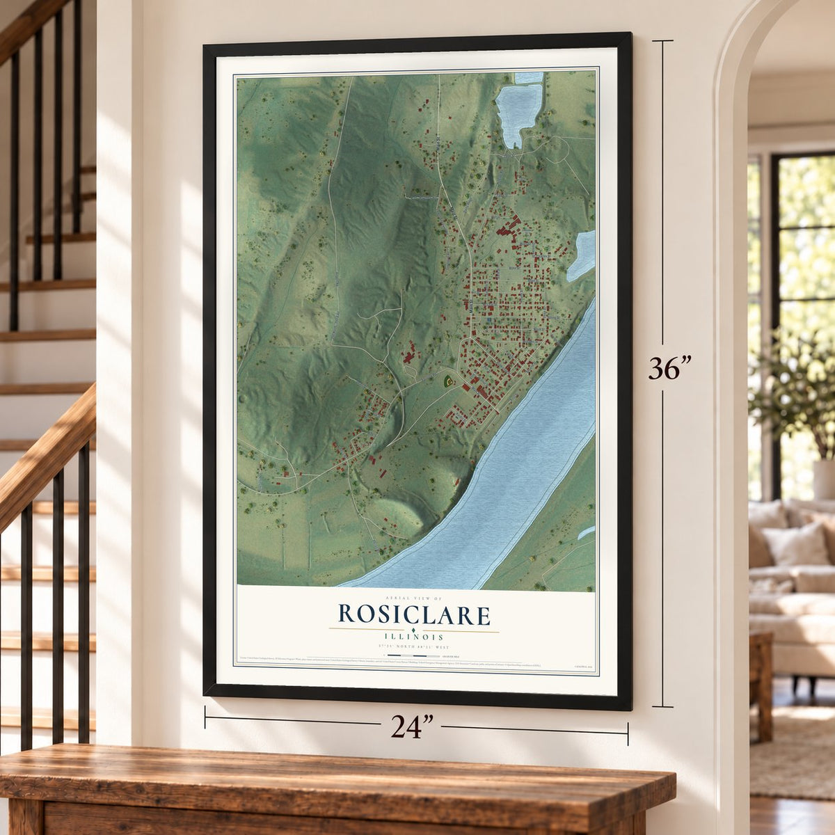 Rosiclare, Illinois map, 24 x 36 inch print in a black frame by a staircase