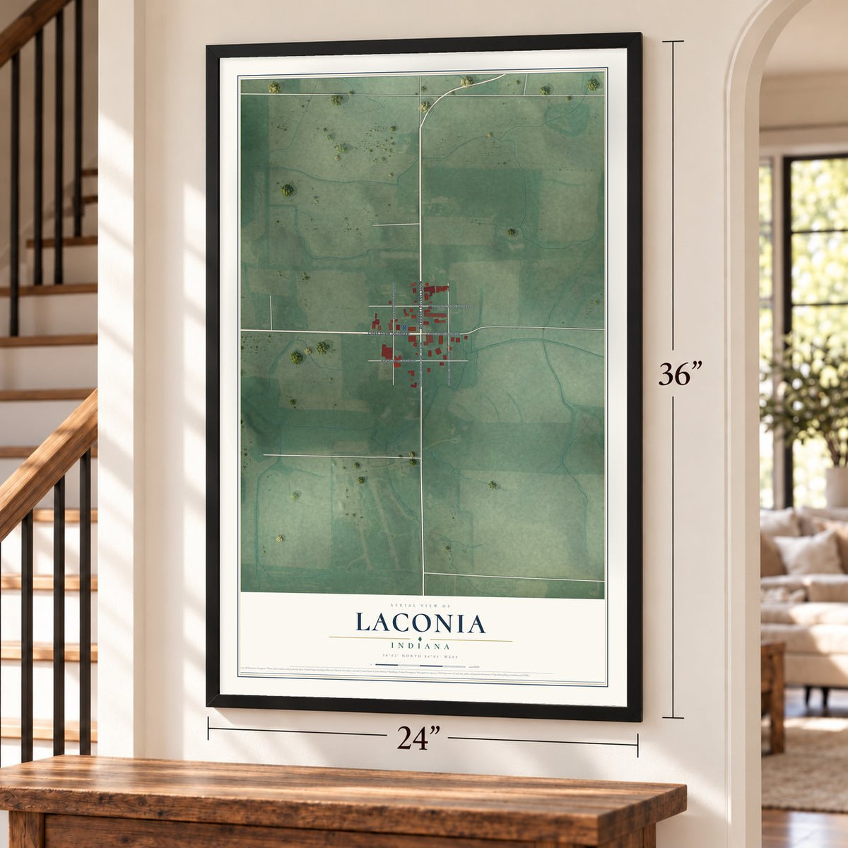 Laconia, Indiana map, 24 x 36 inch print in a black frame by a staircase