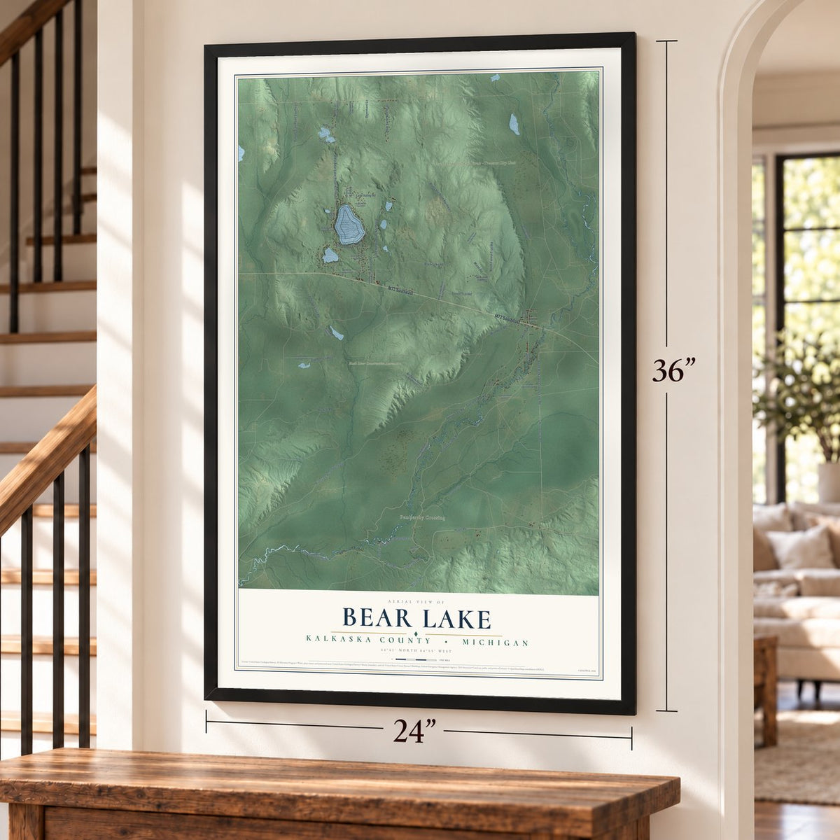 Bear Lake, Kalkaska County, Michigan map, 24 x 36 inch print in a black frame by a staircase