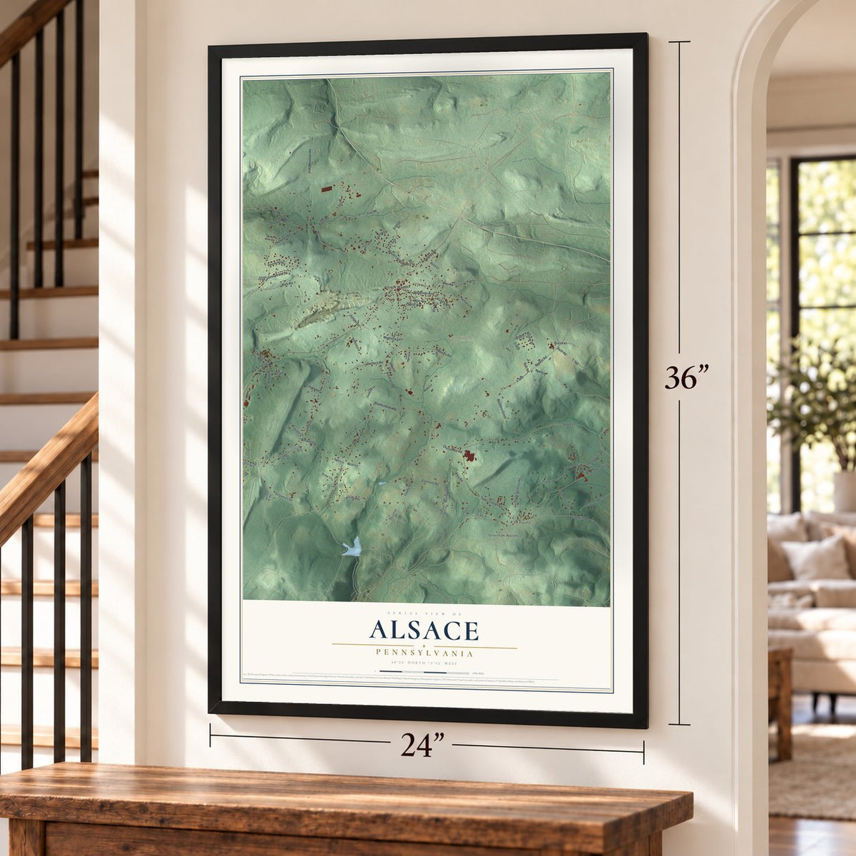 Alsace, Pennsylvania map, 24 x 36 inch print in a black frame by a staircase