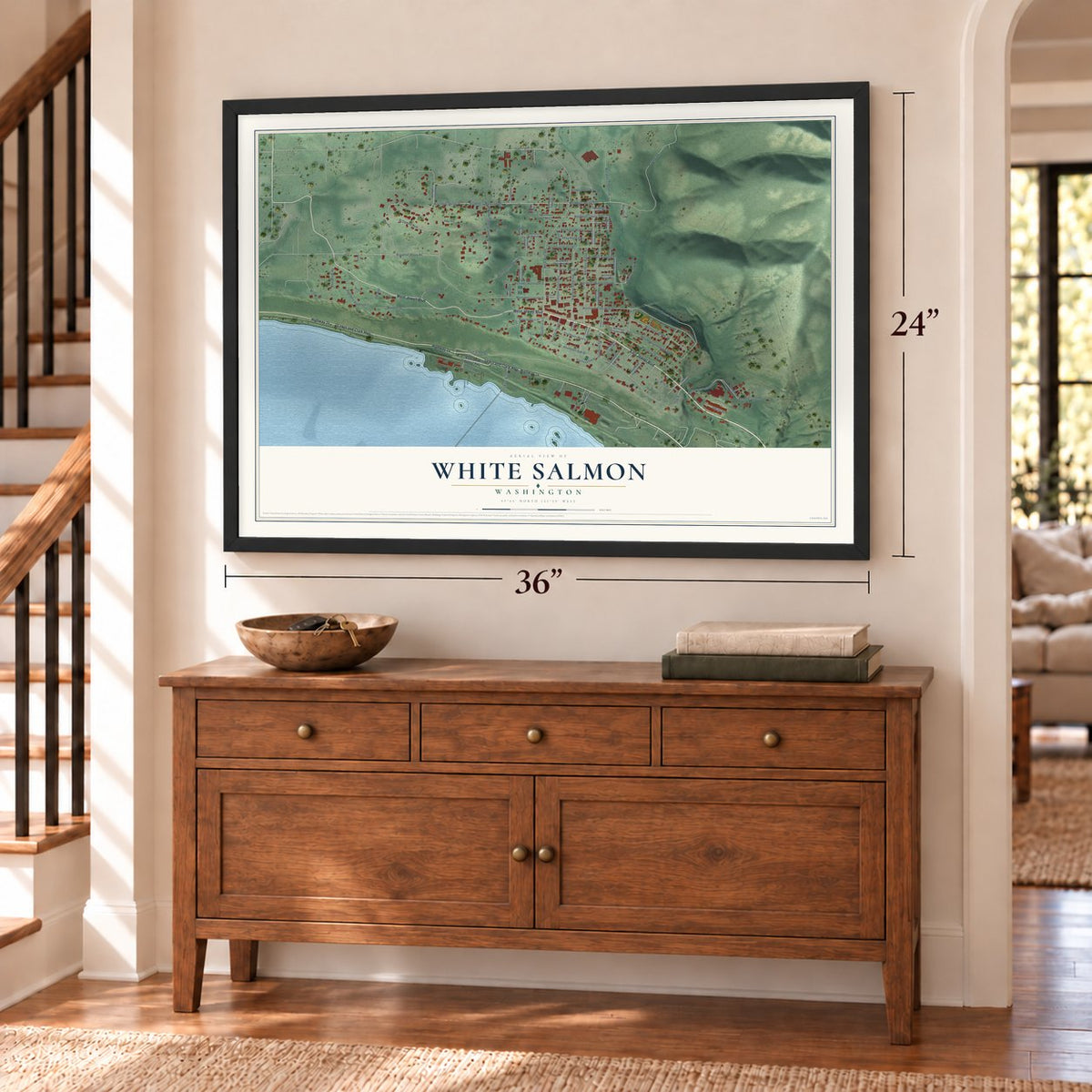 White Salmon, Washington map, 24 x 36 inch print in a black frame above a dresser by a staircase