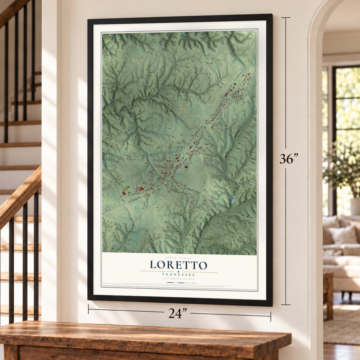 Loretto, Tennessee map, 24 x 36 inch print in a black frame by a staircase