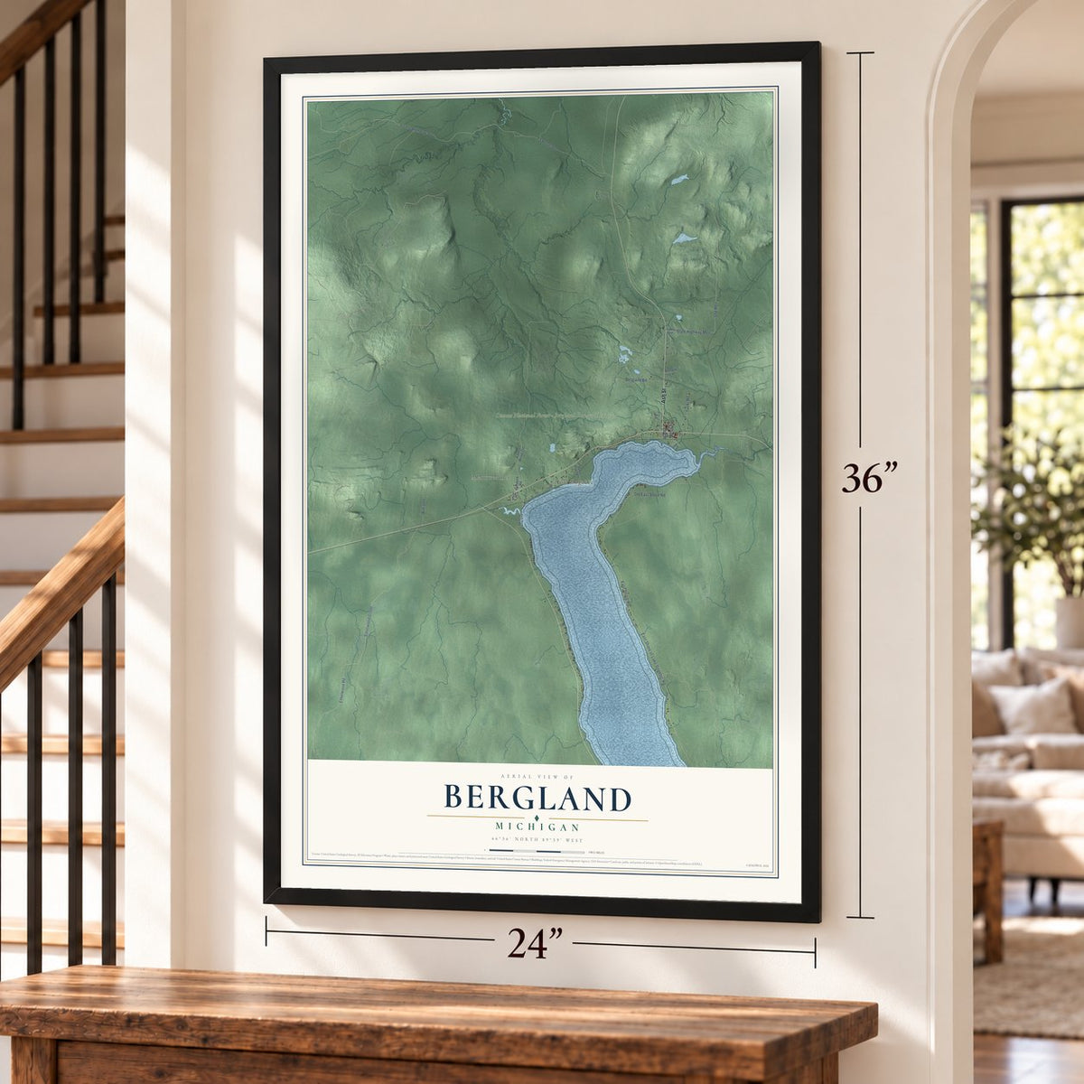 Bergland, Michigan map, 24 x 36 inch print in a black frame by a staircase