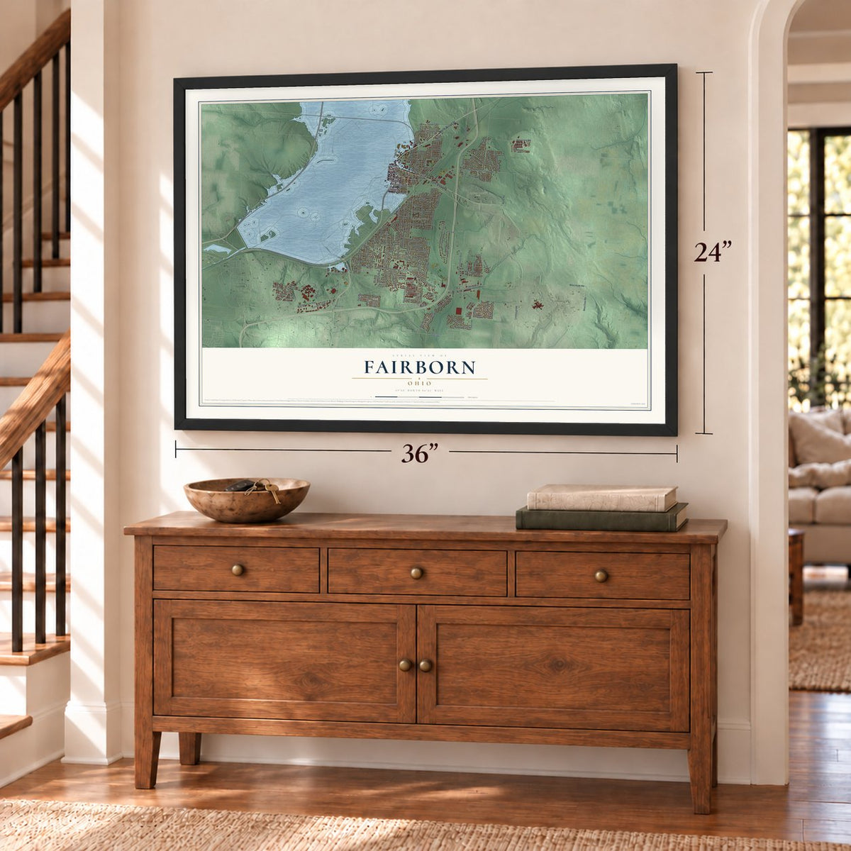 Fairborn, Ohio map, 24 x 36 inch print in a black frame above a dresser by a staircase