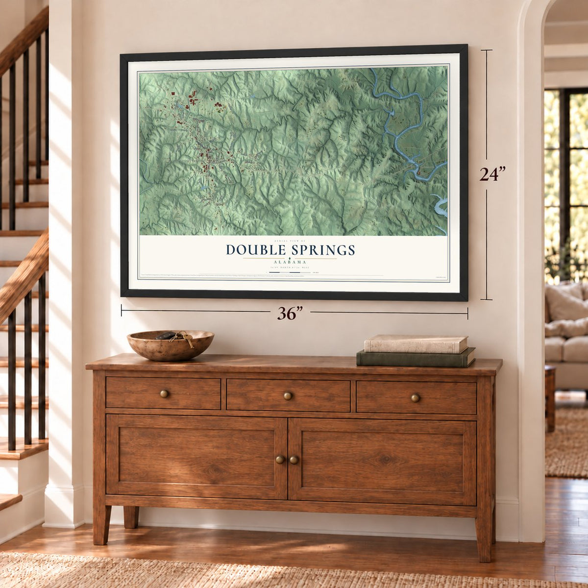 Double Springs, Alabama map, 24 x 36 inch print in a black frame above a dresser by a staircase
